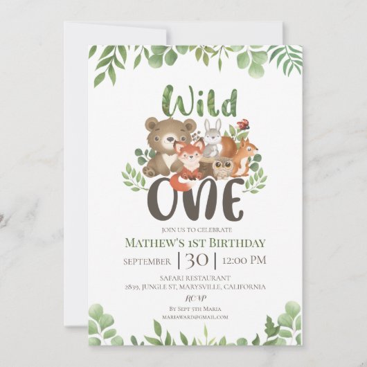 Wild One Birthday Woodland Animals Greenery Invita Kaart (Voorkant)