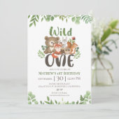 Wild One Birthday Woodland Animals Greenery Invita Kaart (Staand voorkant)
