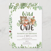 Wild One Birthday Woodland Animals Greenery Invita Kaart (Voorkant / Achterkant)