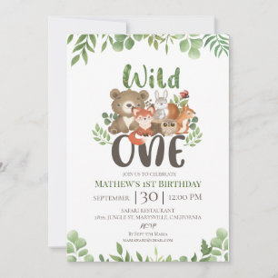 Wild One Birthday Woodland Animals Greenery Invita Kaart