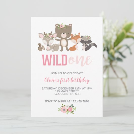 Wild One Bloemrijke Bosdier Eerste Verjaardagsuitn Kaart (Staand voorkant)