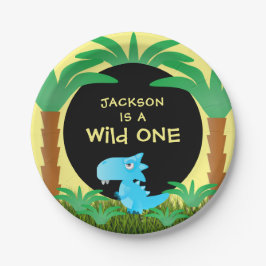 Wild ONE Blue Dinosaur Boy 1e verjaardag Papieren Bordje