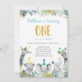 Wild One Blue Gold Party Animal Birthday Invitatio Kaart (Voorkant)