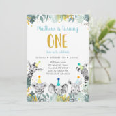 Wild One Blue Gold Party Animal Birthday Invitatio Kaart (Staand voorkant)