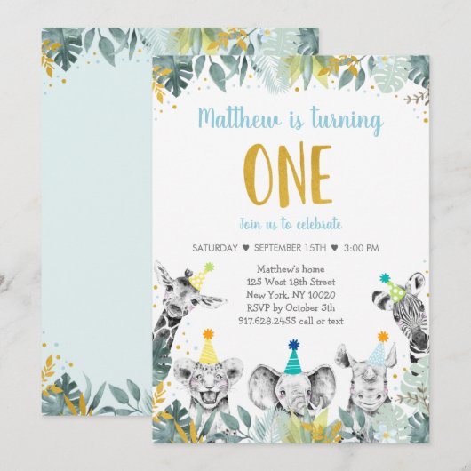 Wild One Blue Gold Party Animal Birthday Invitatio Kaart (Voorkant / Achterkant)