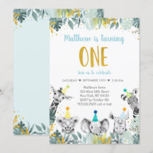 Wild One Blue Gold Party Animal Birthday Invitatio