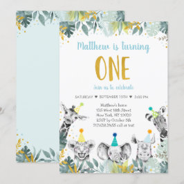 Wild One Blue Gold Party Animal Birthday Invitatio Kaart
