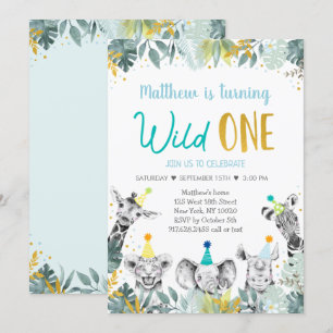 Wild One Blue Gold Party Animal Birthday Kaart
