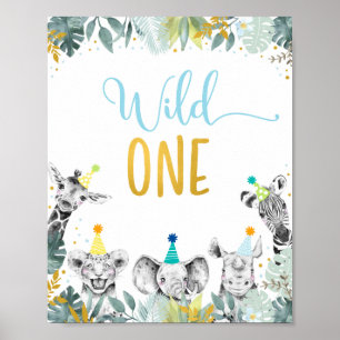 Wild One Blue Gold Party Animal Birthday Sign Poster