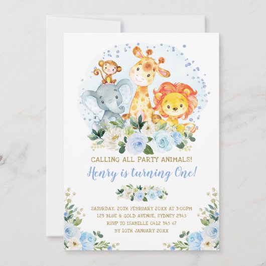 Wild One Blue Oerwoud Safari Animals 1ste verjaard Kaart (Voorkant)