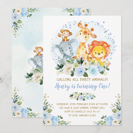 Wild One Blue Oerwoud Safari Animals 1ste verjaard Kaart (Voorkant / Achterkant)