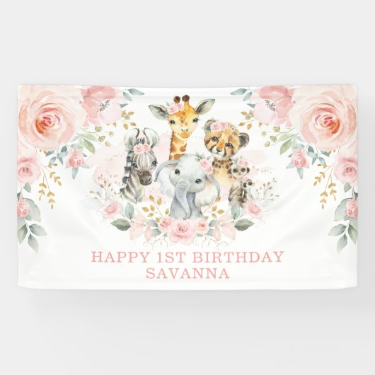 Wild One Blush Floral Oerwoud Birthday Girl Party Spandoek (Horizontaal)