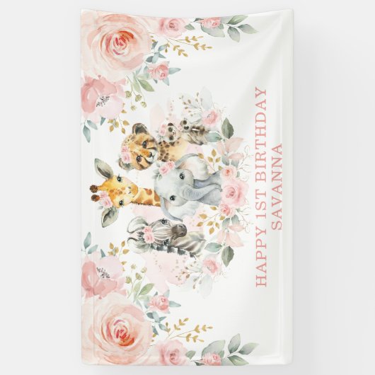 Wild One Blush Floral Oerwoud Birthday Girl Party Spandoek (Verticaal)