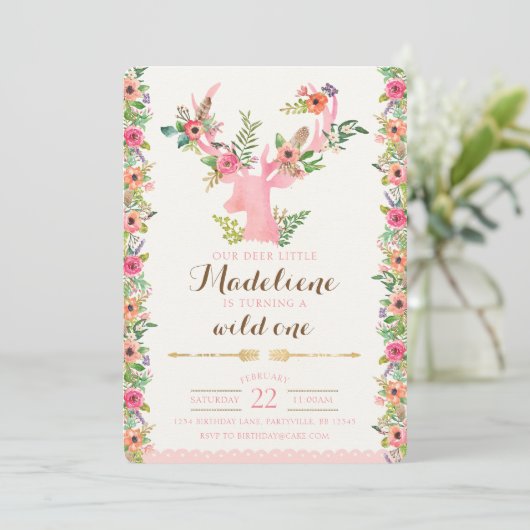 Wild One Boho Antler Birthday Uitnodiging (Staand voorkant)