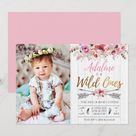 Wild One Boho Birthday Girls Uitnodiging op eerste (Voorkant / Achterkant)