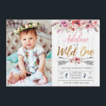 Wild One Boho Birthday Girls Uitnodiging op eerste<br><div class="desc">Wild One Boho Birthday Girls foto op 1 verjaardag uitnodiging,  faux folie gold en stamelementen met waterverf bloemen.</div>