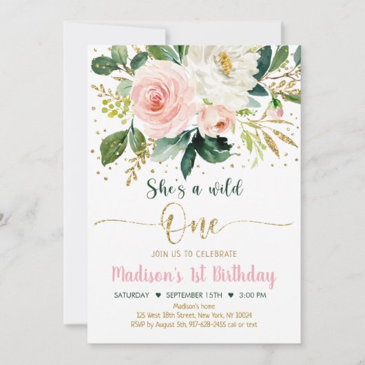 Wild One Boho Floral Pink Gold Birthday Kaart (Voorkant)