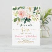 Wild One Boho Floral Pink Gold Birthday Kaart (Staand voorkant)