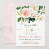 Wild One Boho Floral Pink Gold Birthday Kaart (Voorkant / Achterkant)