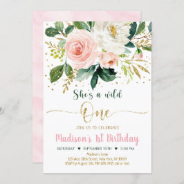 Wild One Boho Floral Pink Gold Birthday Kaart