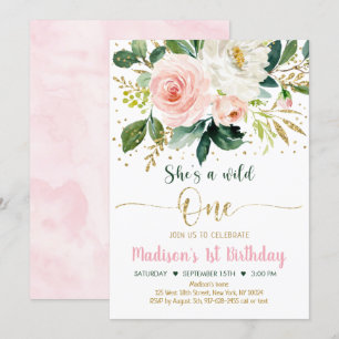 Wild One Boho Floral Pink Gold Birthday Kaart
