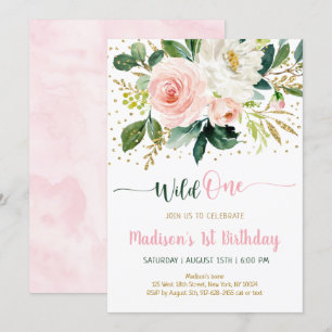 Wild One Boho Floral Pink Gold Birthday Kaart