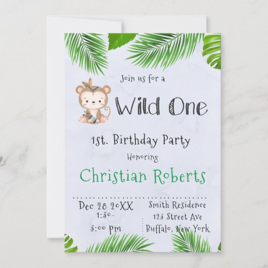 Wild One Boho Monkey Birthday Party Invitation Kaart (Voorkant)