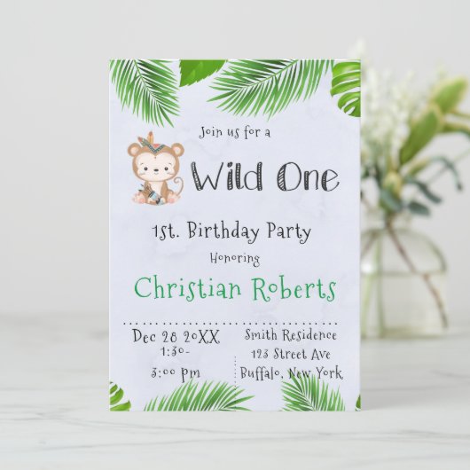 Wild One Boho Monkey Birthday Party Invitation Kaart (Staand voorkant)