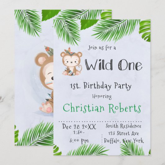 Wild One Boho Monkey Birthday Party Invitation Kaart (Voorkant / Achterkant)