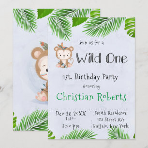 Wild One Boho Monkey Birthday Party Invitation Kaart
