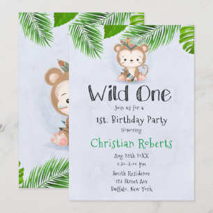 Wild One Boho Monkey Birthday Party Invitation Kaart