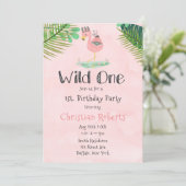 Wild One Boho Pink Flamingo 1st Birthday Party Kaart (Staand voorkant)