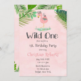Wild One Boho Pink Flamingo 1st Birthday Party Kaart