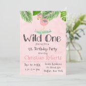 Wild One Boho Pink Flamingo Birthday Party Kaart (Staand voorkant)