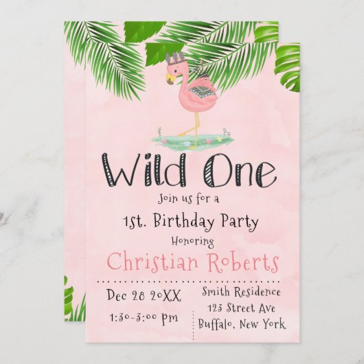 Wild One Boho Pink Flamingo Birthday Party Kaart (Voorkant / Achterkant)