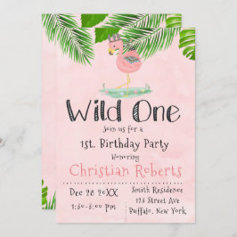 Wild One Boho Pink Flamingo Birthday Party Kaart