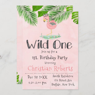 Wild One Boho Pink Flamingo Birthday Party Kaart