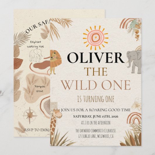 Wild One - Boho Safari Eerste Verjaardag Kaart (Voorkant / Achterkant)