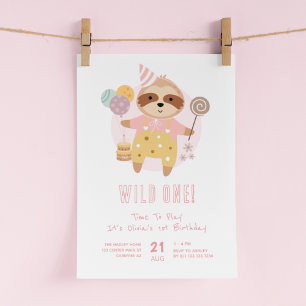 Wild One Boho Sloth Roze 1e verjaardag Kaart