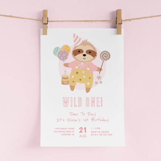 Wild One Boho Sloth Roze 1e verjaardag Kaart