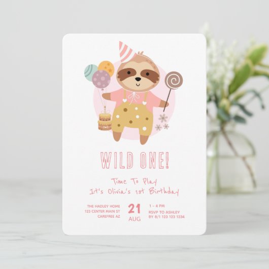 Wild One Boho Sloth Roze 1e verjaardag Kaart (Staand voorkant)