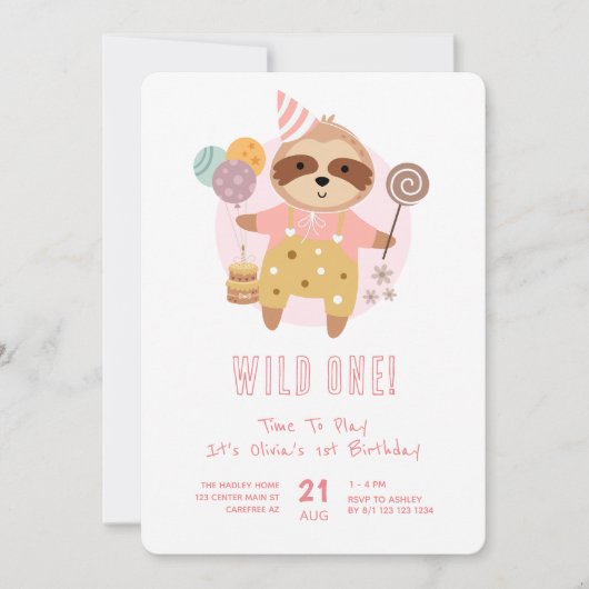 Wild One Boho Sloth Roze 1e verjaardag Kaart (Voorkant)