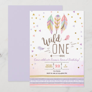 Wild One Boho Tribal Girl Paarse Gold Feathers Kaart