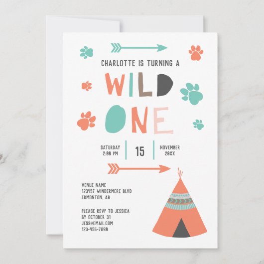 Wild One Boho Tribal Girls Birthday Oranje Blauwgr Kaart (Voorkant)