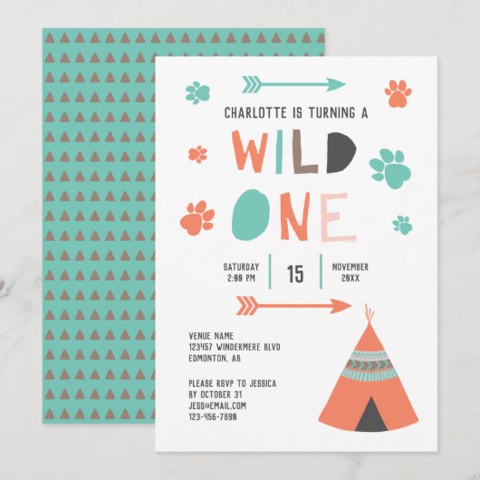 Wild One Boho Tribal Girls Birthday Oranje Blauwgr Kaart (Voorkant / Achterkant)