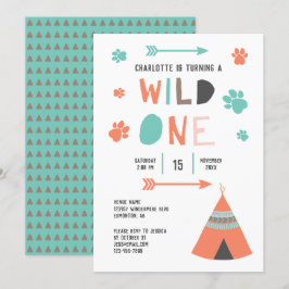 Wild One Boho Tribal Girls Birthday Oranje Blauwgr Kaart