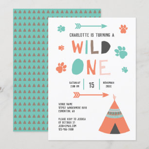 Wild One Boho Tribal Girls Birthday Oranje Blauwgr Kaart