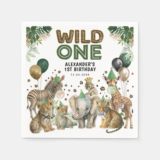 Wild One Boy 1e Verjaardag Safari Party Dieren Servet (Voorkant)