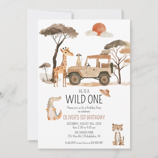 Wild One Boy 1e Verjaardag Safari Save The Date (Voorkant)