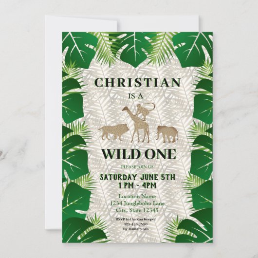 Wild One Boy 1st Birthday Safari Oerwoud Uitnodigi Kaart (Voorkant)